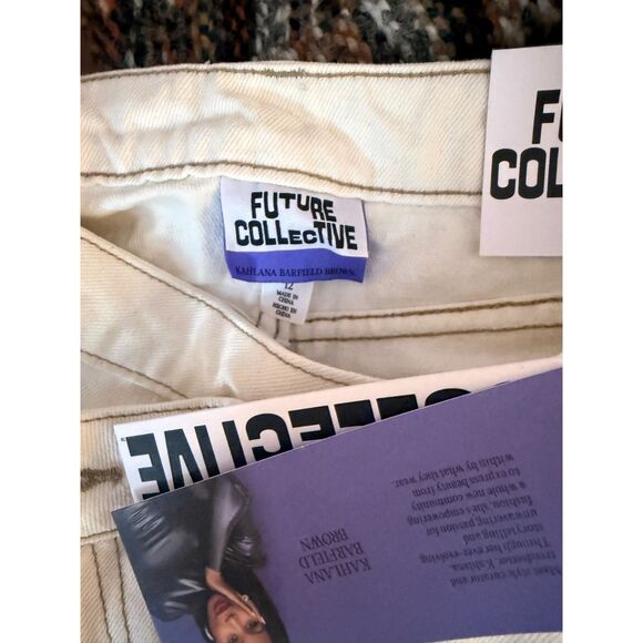 White asymmetrical waist slim barrel white/cream jeans Future Collective 12 NWT - Picture 2 of 6
